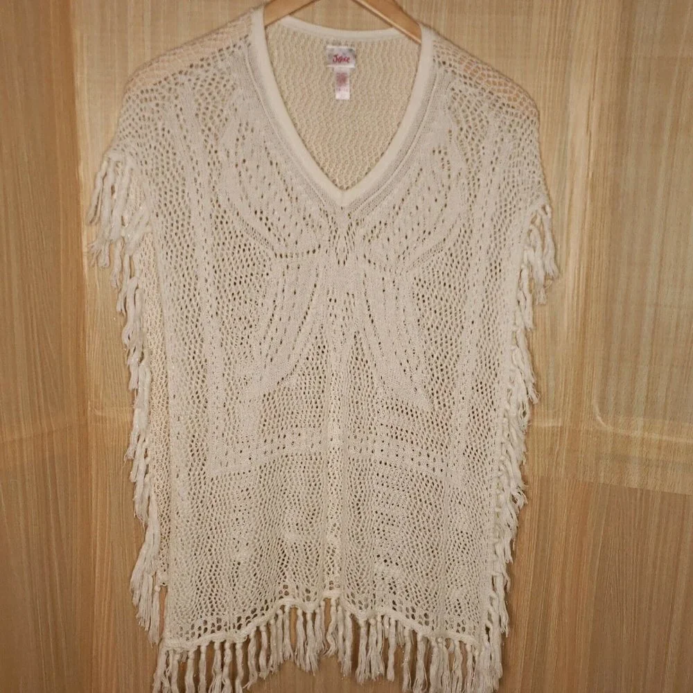Justice White Fringe Open Knit Poncho 16-18